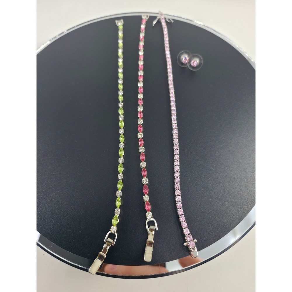 Women Silver Tone Tennis Bracelet Set 3PC Marquise Round Pink Green Stud Earring